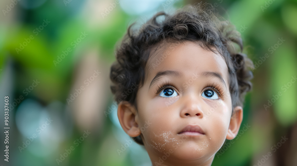 Closeup of a young child with a dirt-smudged face, looking up with hopeful eyes, blurred background of the urban environment Closeup of a young child with a dirt-smudged face, looking up with hopeful eyes, blurred background of the urban environment