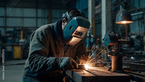 Shielded arc welding with automated system in action highlighting technician’s safety gear welding parameters and fume extraction