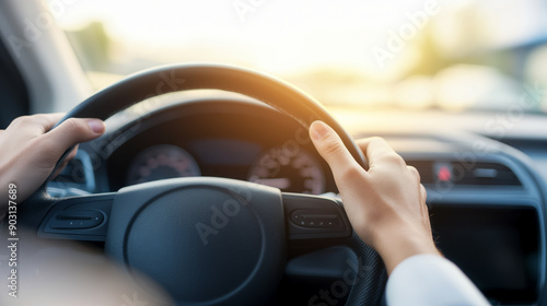 Wallpaper Mural Closeup of hands gripping a steering wheel, dashboard visible, bright daylight, car interior details, focus on hands and wheel  Torontodigital.ca