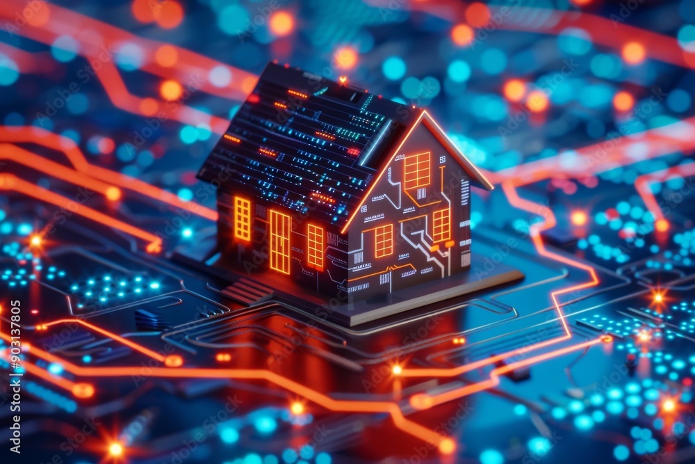 Obraz premium Futuristic miniature house model on a circuit board representing digital innovation and smart home technology.
