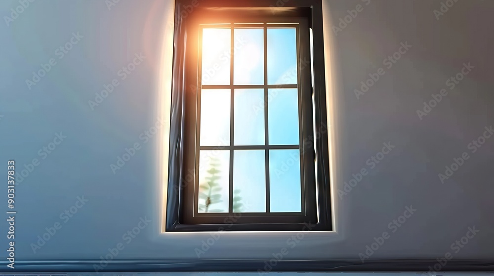 Fototapeta premium Bright light emanates from a window's pane in a blue-walled room