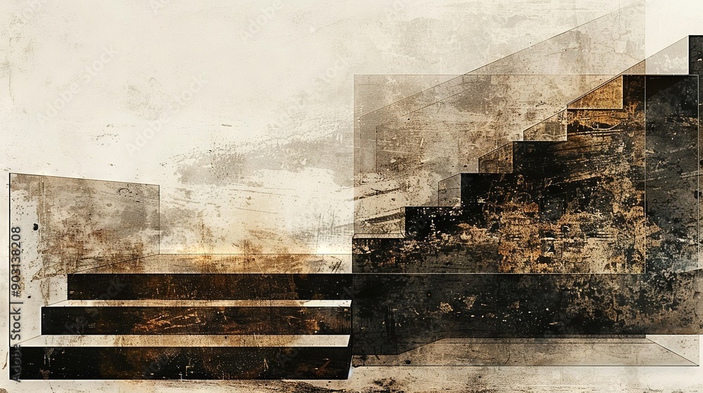 Naklejka premium A dark staircase with grunge background and black-white striped bottom