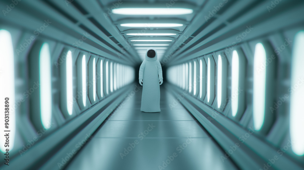Fototapeta premium Isolated image of a ghostly apparition floating in zero gravity inside a dimly lit spacecraft 