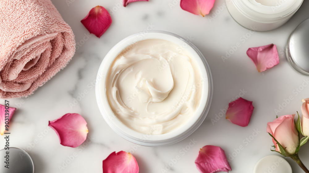 Jar of overnight collagen mask surrounded by rose petals and spa items, luxurious and relaxing setting Jar of overnight collagen mask surrounded by rose petals and spa items, luxurious and relaxing setting