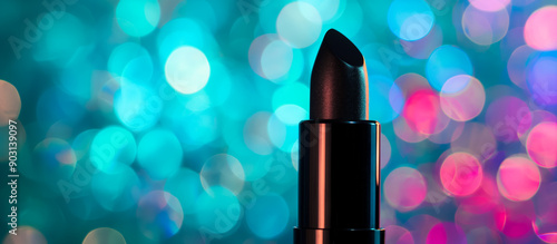 Lipstick product photography, black lipstick on sparkling background, close-up shot, colorful lights, soft lighting, high saturation, bright colors 