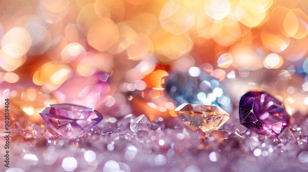 A set of various-colored diamonds resting atop a field of purple and gold glints in the backdrop A set of various-colored diamonds resting atop a field of purple and gold glints in the backdrop