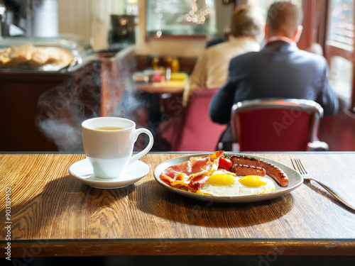 English breakfast on a counter in a cafe restaurant