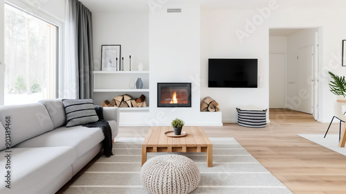 Scandinavian living room with a cozy fireplace, light wood flooring, and a mix of modern and rustic decor elements, neutral color palette 