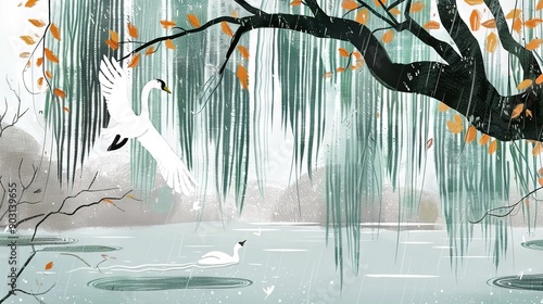 Fototapeta Naklejka Na Ścianę i Meble -    A white swan soars over a water body beside an orange-leafed tree