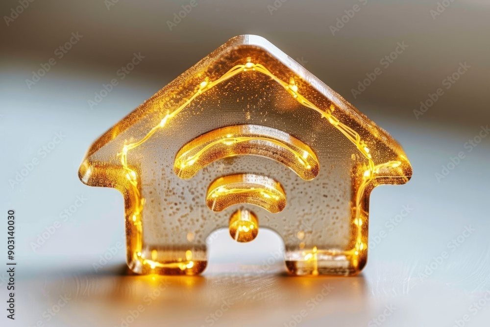 Golden Wi Fi house icon on a white background representing digital connectivity and smart home technology. Golden Wi Fi house icon on a white background representing digital connectivity and smart home technology.