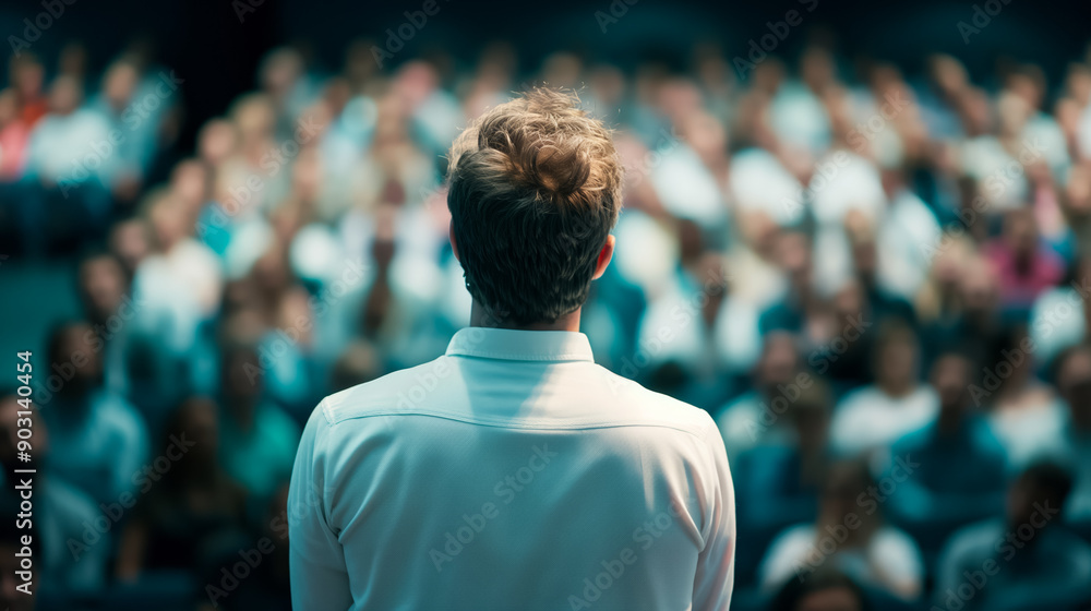 Wide shot of a person giving a speech on stage, basking in the applause from the audience Wide shot of a person giving a speech on stage, basking in the applause from the audience