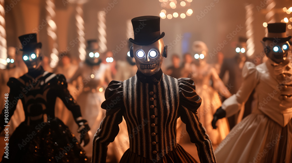Wide shot of a steampunk costume contest with participants in elaborate Victorian and mechanical outfits Wide shot of a steampunk costume contest with participants in elaborate Victorian and mechanical outfits