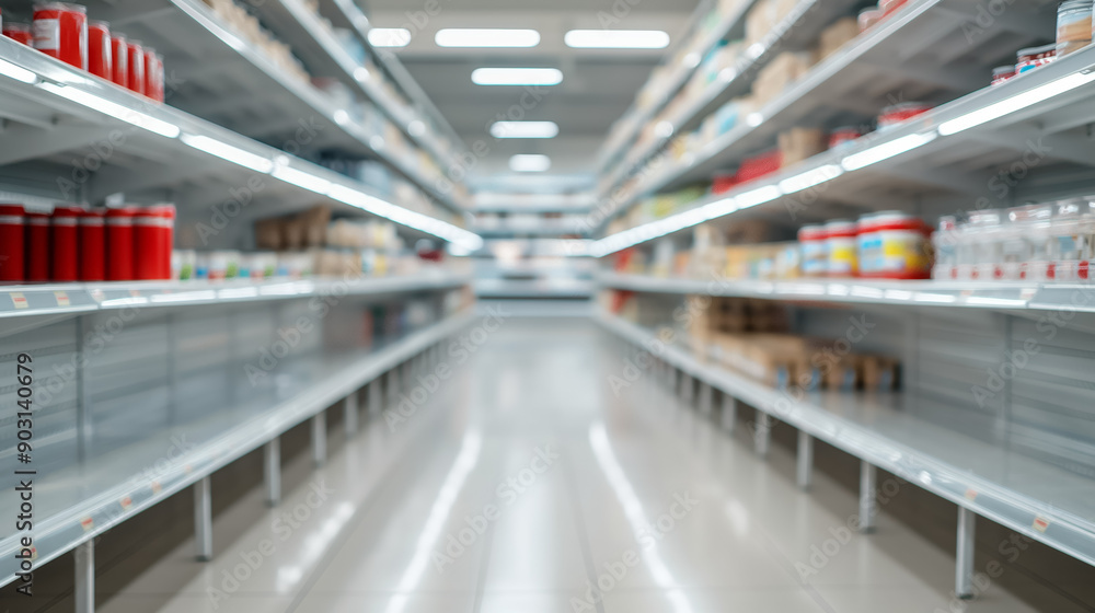 Wide shot of an empty grocery store shelf due to supply chain disruptions Wide shot of an empty grocery store shelf due to supply chain disruptions