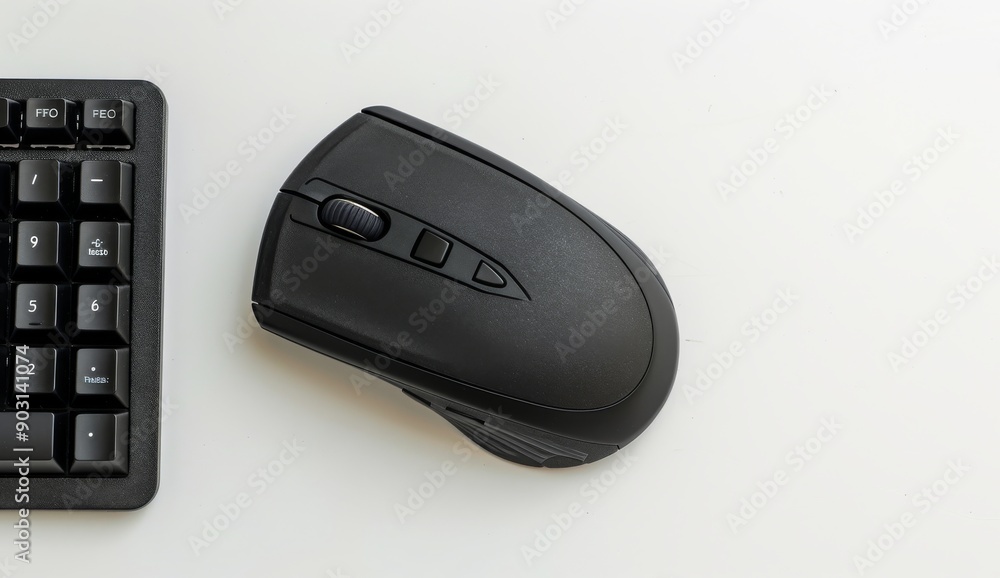 Black computer mouse and keyboard isolated on white background, top view. Wireless gaming mouse Black computer mouse and keyboard isolated on white background, top view. Wireless gaming mouse