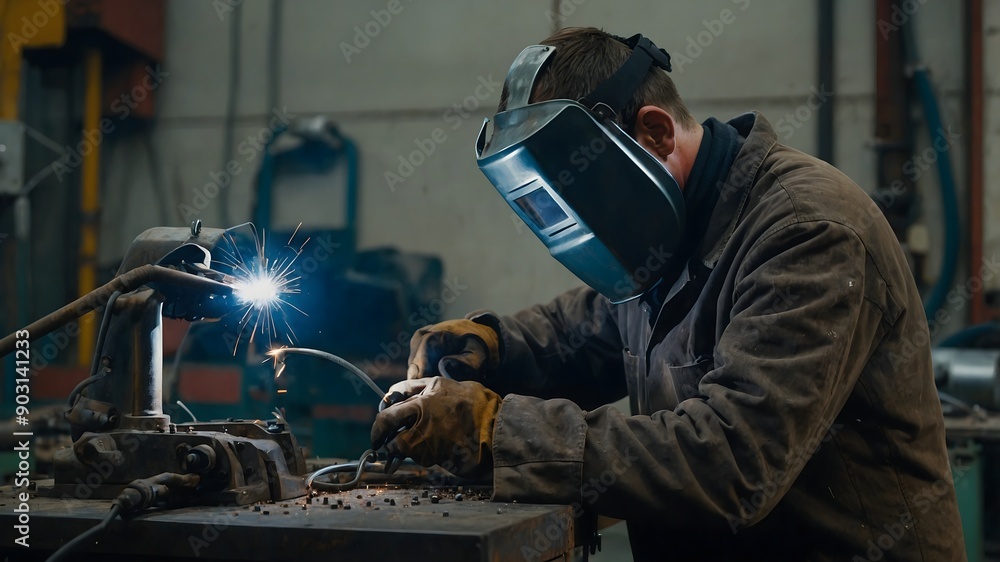 Engineer setting up welding parameters on control panel while wearing full safety gear and handling robotic welding equipment Engineer setting up welding parameters on control panel while wearing full safety gear and handling robotic welding equipment