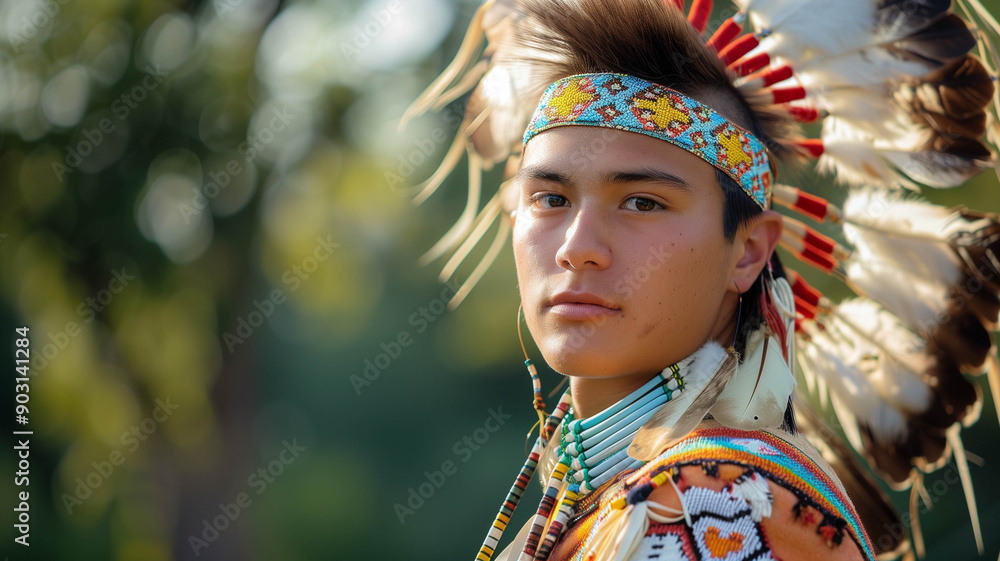 Obraz premium Handsome young Native American man participating in a cultural celebration, showcasing the richness of his heritage