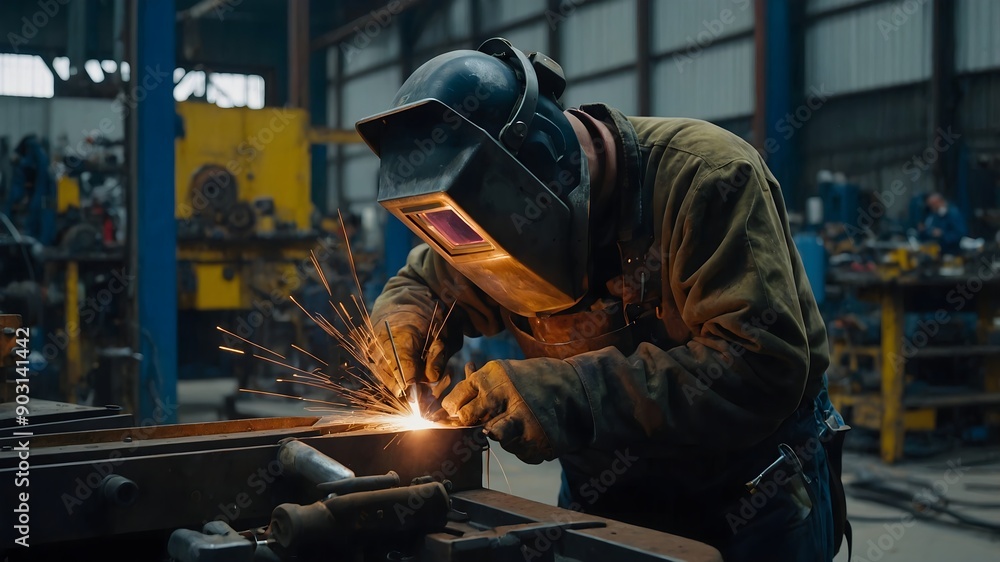 Welding robot and shielding gas in use during high heat operation with detailed view of technician’s protective gear and equipment Welding robot and shielding gas in use during high heat operation with detailed view of technician’s protective gear and equipment