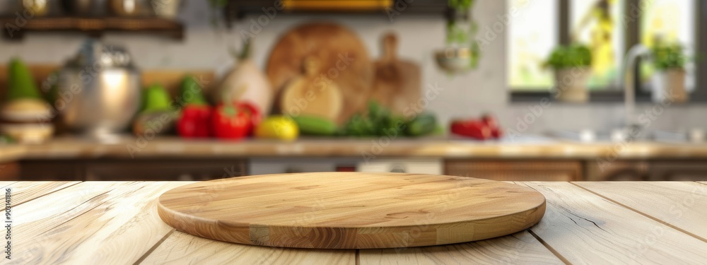 Empty wooden round pizza board on blurred kitchen background Rustic charm. Vintage kitchen interior setting. Modern and bright. Empty space with rustic oak wooden table. Retro ambiance Empty wooden round pizza board on blurred kitchen background Rustic charm. Vintage kitchen interior setting. Modern and bright. Empty space with rustic oak wooden table. Retro ambiance
