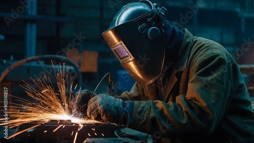 Welding process with detailed view of technician’s gloves helmet and automated robot in high precision setting