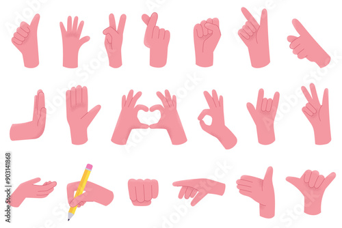 Set hands poses vector illustrations. Hands gesture collection, arms pressed position. Fingers signal, diverse manual poses of language decent. Communication or talking with emoji for messengers
