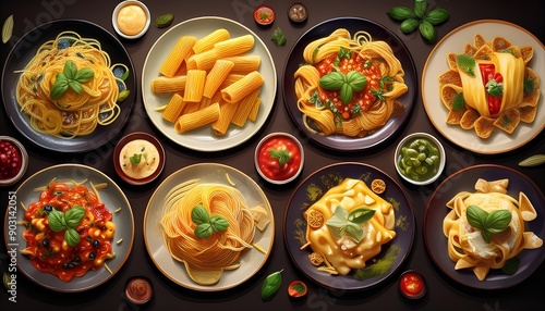 Variety of Pasta Dishes - Display different types of pasta, such as spaghetti, penne, lasagna