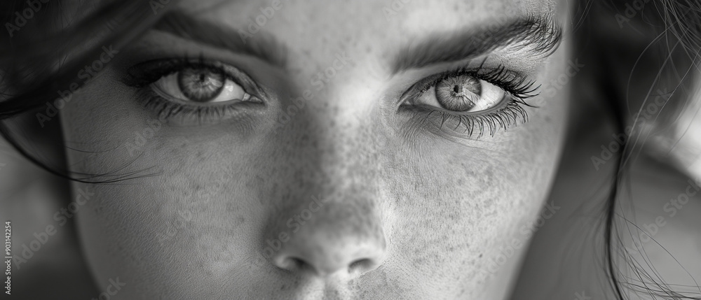 Obraz premium A captivating portrait of a young woman with natural freckles and expressive eyes, black and white, with a blurred background.