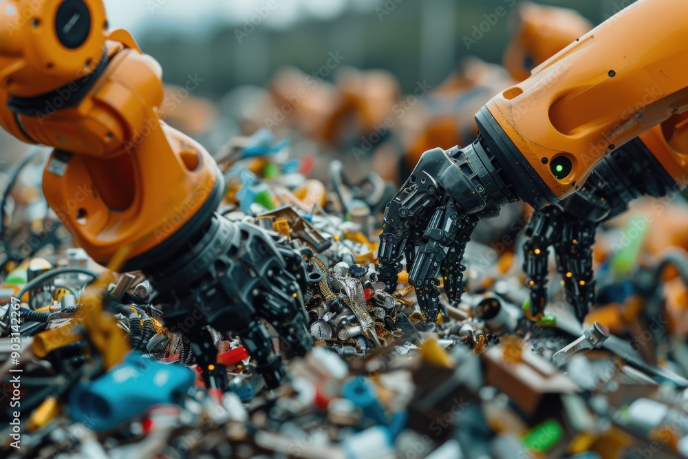 Robotic arms meticulously sort through a pile of electronic waste at a recycling facility, showcasing advanced technology and automation in waste management. Robotic arms meticulously sort through a pile of electronic waste at a recycling facility, showcasing advanced technology and automation in waste management.
