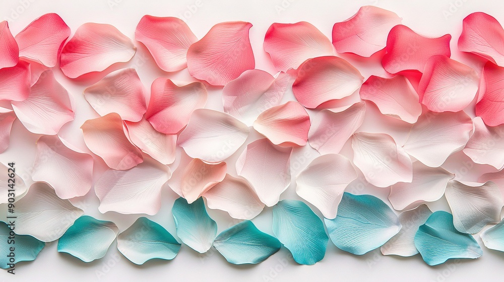 A zoomed-in image of various colored flower petals adorning a wall Pink, blue, and white hues are prominent A zoomed-in image of various colored flower petals adorning a wall Pink, blue, and white hues are prominent