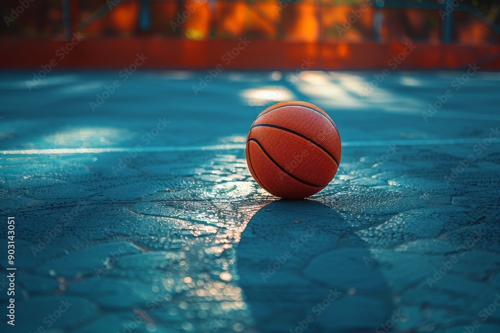 A single basketball on an court. Generative AI A single basketball on an court. Generative AI