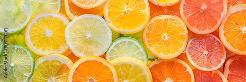 Citrus fruit background, sliced oranges, lemons, limes, and grapefruits arranged in a colorful pattern