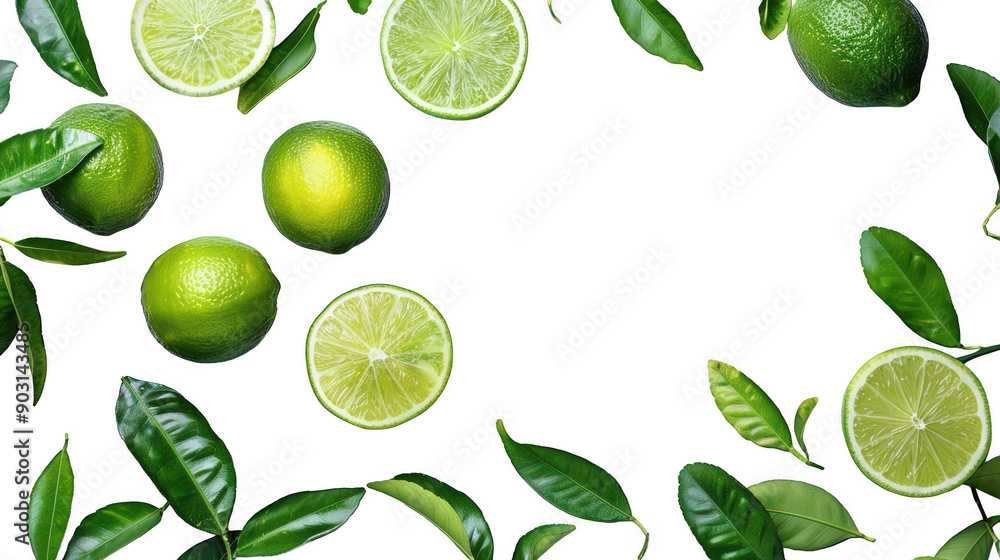 Fresh Green Limes and Leaves on Black Background with Sliced Cross Sections Highlighting Citrus Fresh Green Limes and Leaves on Black Background with Sliced Cross Sections Highlighting Citrus