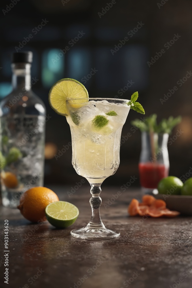Fototapeta premium A salted rim margarita with a lime wedge, ready to be sipped on a warm evening
