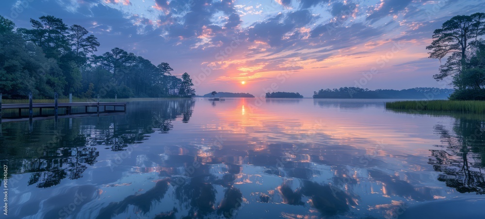 Peaceful Lake at Dawn. A tranquil lake at dawn with a misty atmosphere. The calm water mirrors the pastel hues of the sky, creating a serene and peaceful morning scene. Peaceful Lake at Dawn. A tranquil lake at dawn with a misty atmosphere. The calm water mirrors the pastel hues of the sky, creating a serene and peaceful morning scene.
