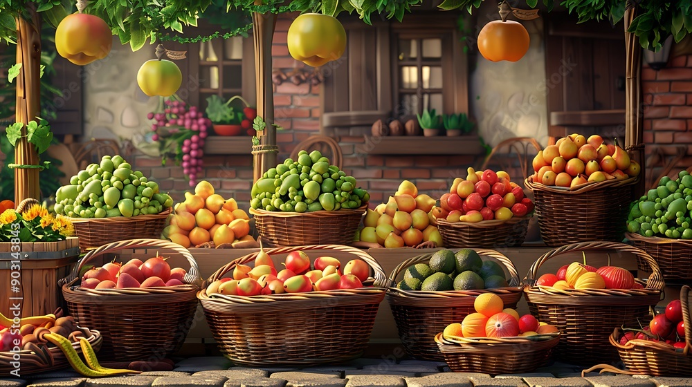 Farmer's market background, baskets of mixed fruits and vegetables in a market setting Farmer's market background, baskets of mixed fruits and vegetables in a market setting