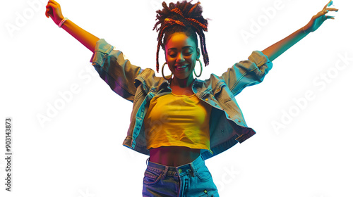 Energetic Hipster Woman Dancing with Joy photo