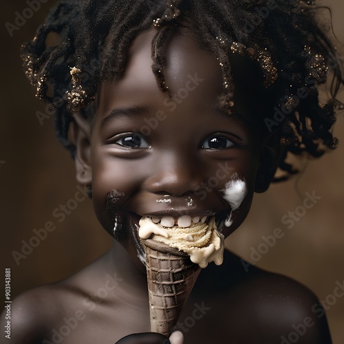 Ultra-realistic close-up photograph of a Comorian mixed child with a large smile, enjoying an ice cream photo