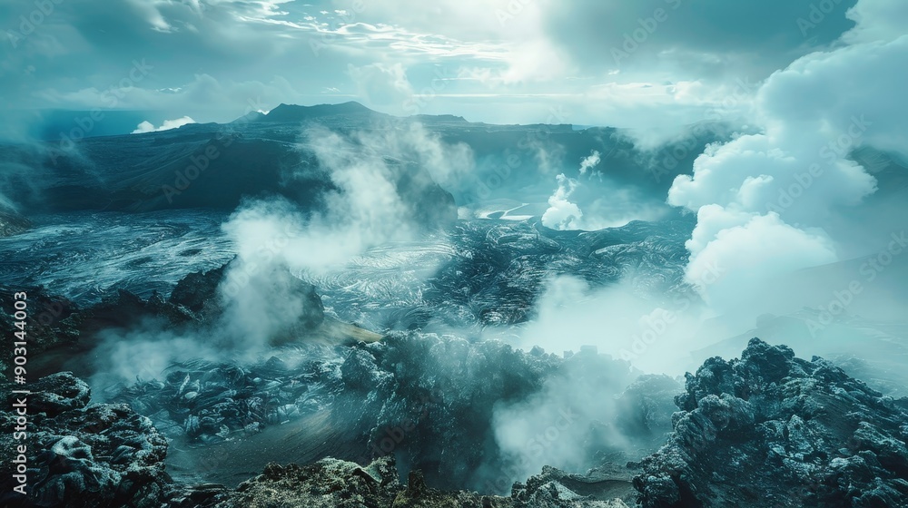 dramatic volcanic landscape with steaming vents and rugged terrain, otherworldly dramatic volcanic landscape with steaming vents and rugged terrain, otherworldly