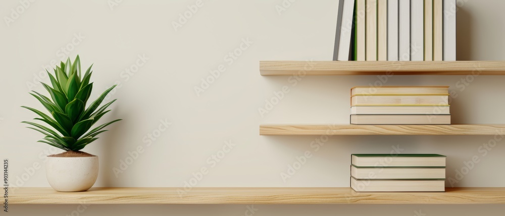 A rustic wooden bookshelf filled with various books, decorative items, and a small potted plant, with copy space, high-resolution photo, realistic photo A rustic wooden bookshelf filled with various books, decorative items, and a small potted plant, with copy space, high-resolution photo, realistic photo