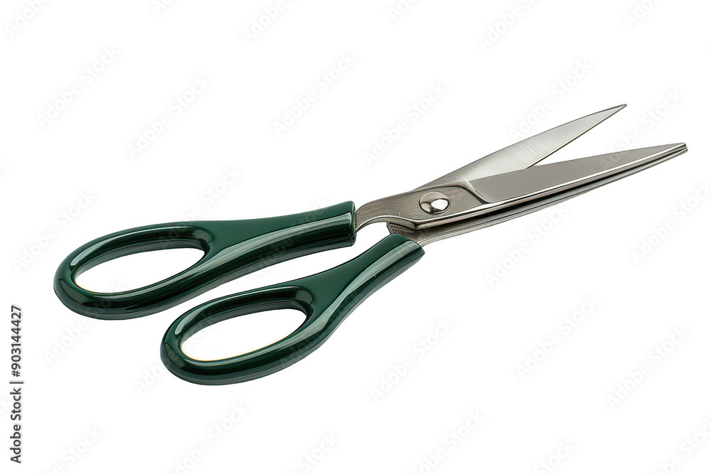 Sharp Stainless Steel Scissors Isolated on a White Background with Glossy Green Handles Sharp Stainless Steel Scissors Isolated on a White Background with Glossy Green Handles