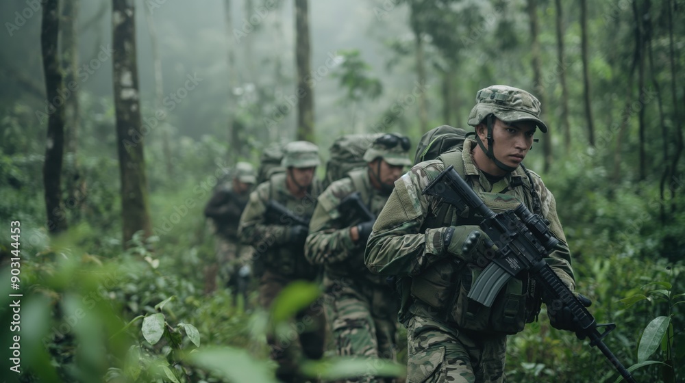 Group of soldiers in camouflage uniforms and gear, carrying rifles, trekking through a dense forest. Group of soldiers in camouflage uniforms and gear, carrying rifles, trekking through a dense forest.