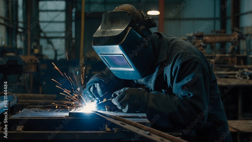 Welding technician wearing full protective gear operating robotic welding system and managing high heat metal joining process Welding technician wearing full protective gear operating robotic welding system and managing high heat metal joining process