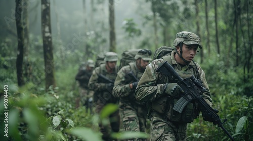 Group of soldiers in camouflage uniforms and gear, carrying rifles, trekking through a dense forest. © Sergey