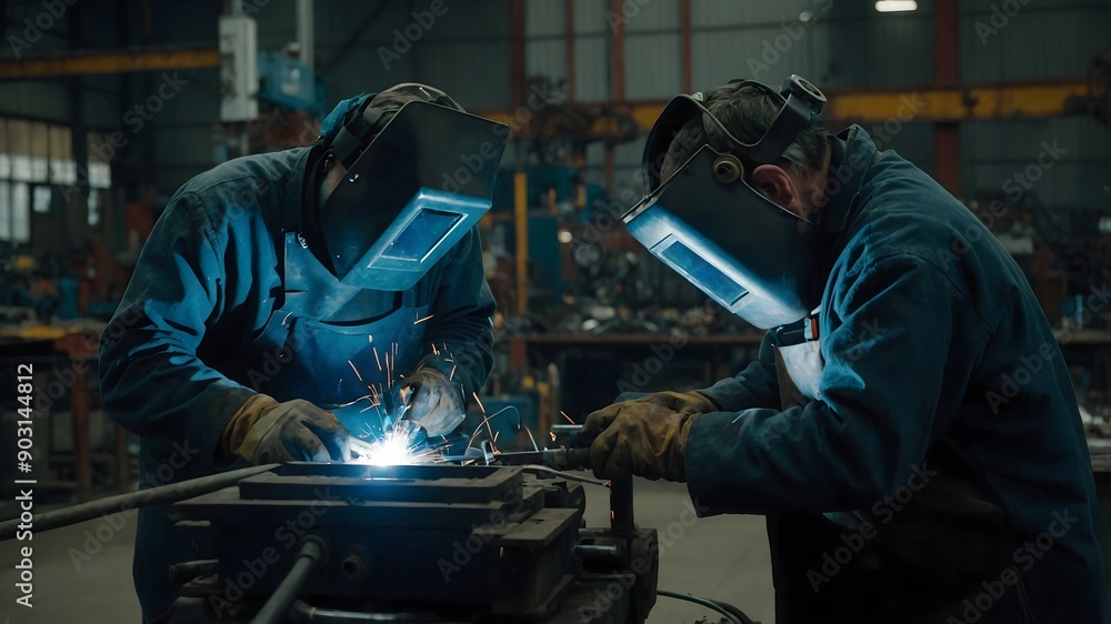 High tech welding robot in operation with close up of equipment shielding gas and technician’s focus on safety and precision High tech welding robot in operation with close up of equipment shielding gas and technician’s focus on safety and precision