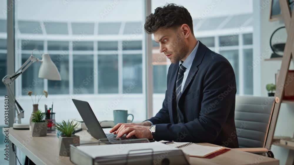 Busy financier typing report at laptop focused on task closeup. Serious manager Busy financier typing report at laptop focused on task closeup. Serious manager