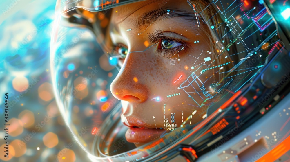 Close-up of an Astronaut's Face Inside a Helmet with Futuristic HUD Close-up of an Astronaut's Face Inside a Helmet with Futuristic HUD