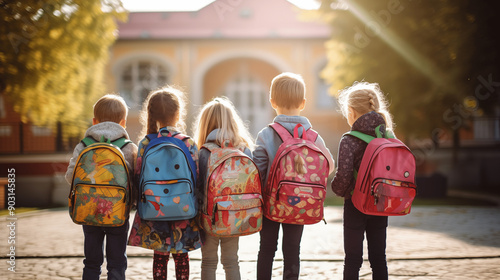 Groupe de jeunes enfants de dos avec un cartable sur le dos, face à un bâtiment scolaire, une école. Étudiants, enfants. Rentrée scolaire, rentrée des classes. Pour conception et création graphique. 