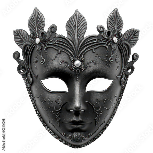 Elegant Black Venetian Mask with Intricate Silver Trinkets and Leafy Decor