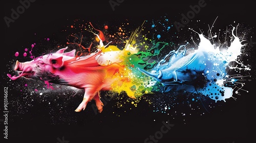  A colorful pig soars through the air with splattered paint on its body and tail