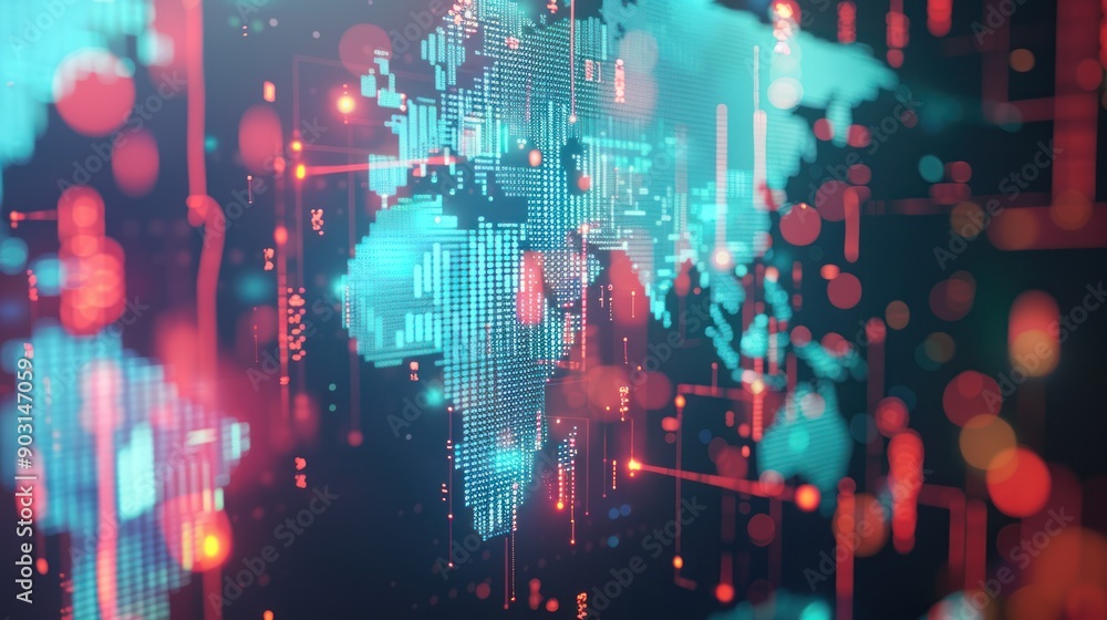 Abstract Digital World Map with Red and Blue Lights Abstract Digital World Map with Red and Blue Lights
