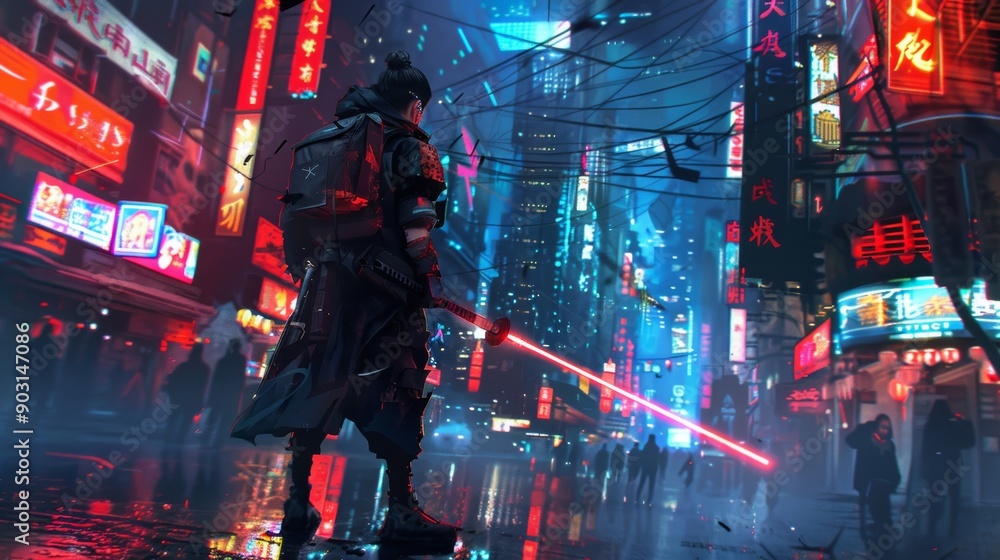 Obraz premium A cyberpunk warrior stands in a vibrant, neon-lit city, capturing the essence of a futuristic world.